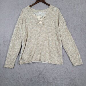 BKE Womens Beige Tweed Knit Sweater With Lace-Up V-Neck  L